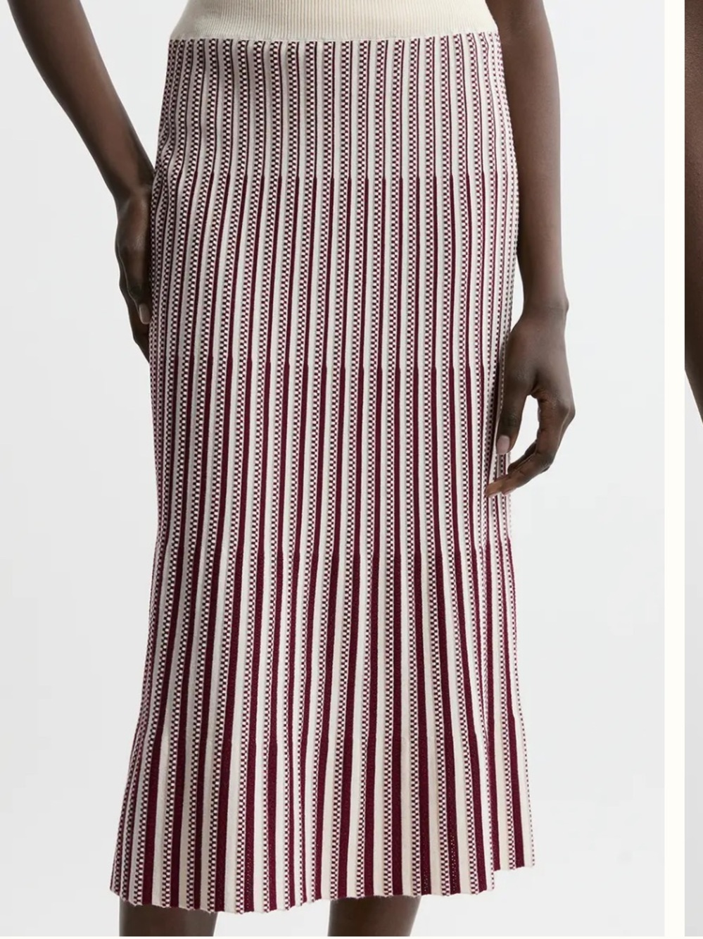 Karen Millen Knit Stripe Midi Skirt in Cream and Burgundy - Picture 2 of 6